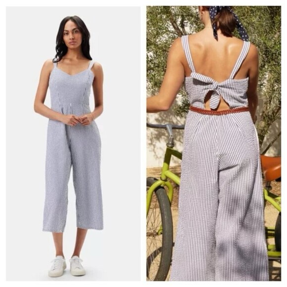 Amour Vert Taya Seersucker Wide Leg Jumpsuit Stripe Blue White Women's med NWT